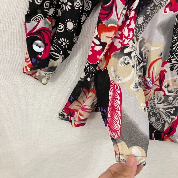 KOOS Of Course! Black Pink Floral Pure Silk Artsy BloomCore Button Down Tunic 1X - Picture 4 of 11